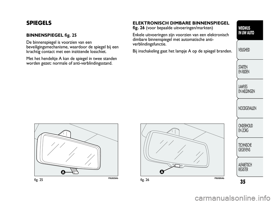 Abarth Punto Evo 2010 Instructieboek (in Dutch) 35
WEGWIJS
IN UW AUTO
VEILIGHEID
STARTEN
EN RIJDEN
LAMPJES
EN MELDINGEN
NOODGEVALLEN
ONDERHOUD
EN ZORG
TECHNISCHE
GEGEVENS
ALFABETISCH
REGISTER
ELEKTRONISCH DIMBARE BINNENSPIEGEL
fig. 26 (voor b Abarth Punto Evo 2010 Instructieboek (in Dutch) 35
WEGWIJS
IN UW AUTO
VEILIGHEID
STARTEN
EN RIJDEN
LAMPJES
EN MELDINGEN
NOODGEVALLEN
ONDERHOUD
EN ZORG
TECHNISCHE
GEGEVENS
ALFABETISCH
REGISTER
ELEKTRONISCH DIMBARE BINNENSPIEGEL
fig. 26 (voor b