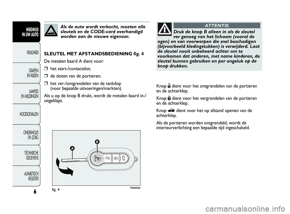 Abarth Punto Evo 2010 Instructieboek (in Dutch) 6
F0U005Abfig. 4
SLEUTEL MET AFSTANDSBEDIENING fig. 4
De metalen baard A dient voor:
❒het start-/contactslot;
❒de sloten van de portieren;
❒het ver-/ontgrendelen van de tankdop
(voor bepaalde u Abarth Punto Evo 2010 Instructieboek (in Dutch) 6
F0U005Abfig. 4
SLEUTEL MET AFSTANDSBEDIENING fig. 4
De metalen baard A dient voor:
❒het start-/contactslot;
❒de sloten van de portieren;
❒het ver-/ontgrendelen van de tankdop
(voor bepaalde u