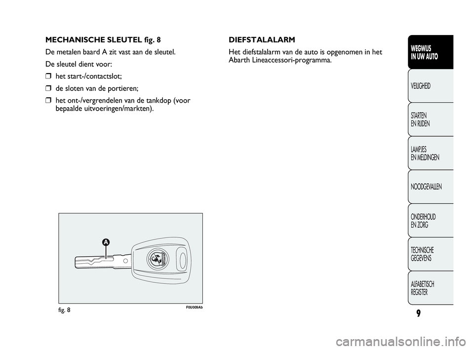 Abarth Punto Evo 2010 Instructieboek (in Dutch) MECHANISCHE SLEUTEL fig. 8
De metalen baard A zit vast aan de sleutel.
De sleutel dient voor:
❒het start-/contactslot;
❒de sloten van de portieren;
❒het ont-/vergrendelen van de tankdop (voor
be Abarth Punto Evo 2010 Instructieboek (in Dutch) MECHANISCHE SLEUTEL fig. 8
De metalen baard A zit vast aan de sleutel.
De sleutel dient voor:
❒het start-/contactslot;
❒de sloten van de portieren;
❒het ont-/vergrendelen van de tankdop (voor
be