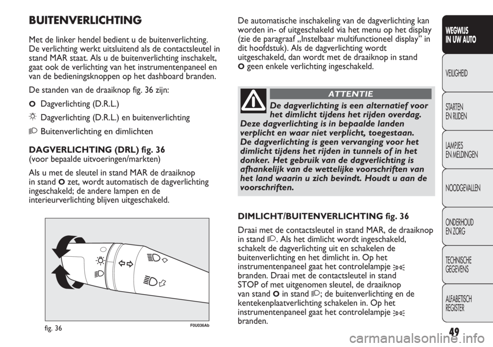 Abarth Punto Evo 2012  Instructieboek (in Dutch) 49
WEGWIJS
IN UW AUTO
VEILIGHEID
STARTEN 
EN RIJDEN
LAMPJES
EN MELDINGEN
NOODGEVALLEN
ONDERHOUD
EN ZORG
TECHNISCHE
GEGEVENS
ALFABETISCH 
REGISTER
F0U036Abfig. 36
De dagverlichting is een alternatief v