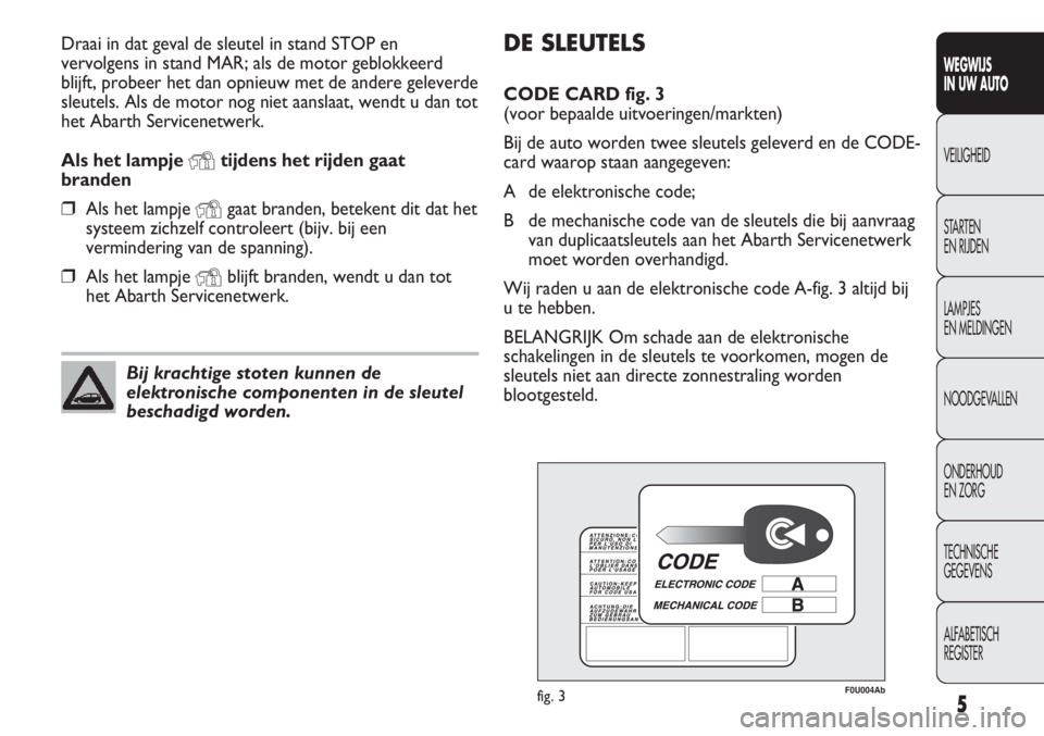 Abarth Punto Evo 2012  Instructieboek (in Dutch) DE SLEUTELS
CODE CARD fig. 3 
(voor bepaalde uitvoeringen/markten)
Bij de auto worden twee sleutels geleverd en de CODE-
card waarop staan aangegeven:
A de elektronische code;
B de mechanische code va