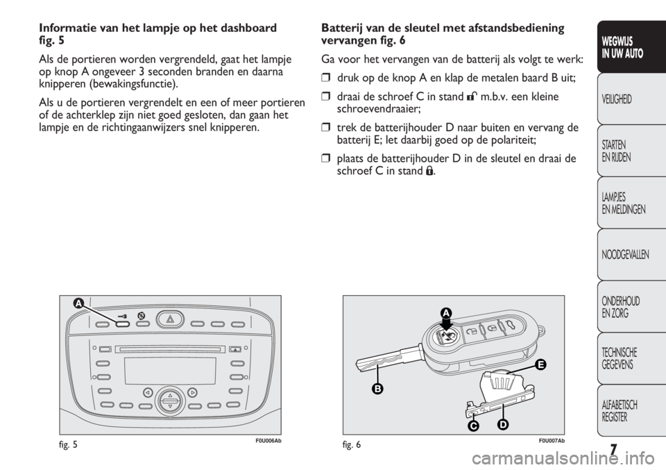 Abarth Punto Evo 2012  Instructieboek (in Dutch) 7
F0U006Abfig. 5F0U007Abfig. 6
Batterij van de sleutel met afstandsbediening
vervangen fig. 6
Ga voor het vervangen van de batterij als volgt te werk:
❒druk op de knop A en klap de metalen baard B u