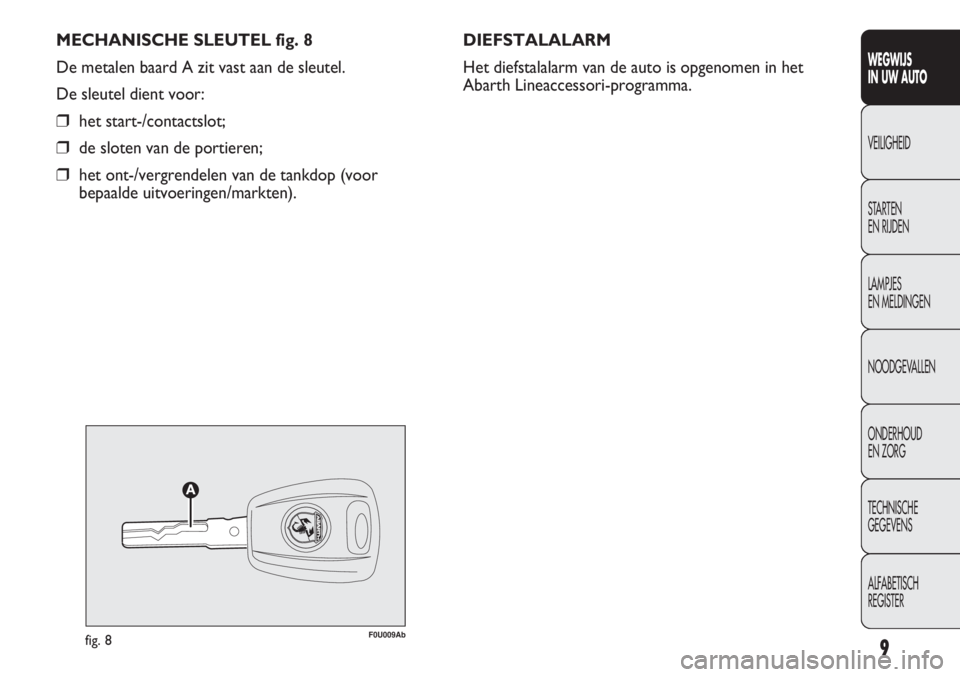 Abarth Punto Evo 2012  Instructieboek (in Dutch) MECHANISCHE SLEUTEL fig. 8
De metalen baard A zit vast aan de sleutel.
De sleutel dient voor:
❒het start-/contactslot;
❒de sloten van de portieren;
❒het ont-/vergrendelen van de tankdop (voor
be