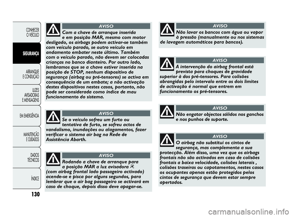 Abarth Punto Evo 2010 Manual de Uso e Manutenção (in Portuguese) 130
CONHECER
O VEÍCULO
SEGURANÇA
ARRANQUE
E CONDUÇÃO
LUZES
AVISADORAS
E MENSAGENS
EM EMERGÊNCIA
MANUTENÇÃO
E CUIDADOS
DADOS
TÉCNICOS
ÍNDICE
Com a chave de arranque inserida
e em posi Abarth Punto Evo 2010 Manual de Uso e Manutenção (in Portuguese) 130
CONHECER
O VEÍCULO
SEGURANÇA
ARRANQUE
E CONDUÇÃO
LUZES
AVISADORAS
E MENSAGENS
EM EMERGÊNCIA
MANUTENÇÃO
E CUIDADOS
DADOS
TÉCNICOS
ÍNDICE
Com a chave de arranque inserida
e em posi