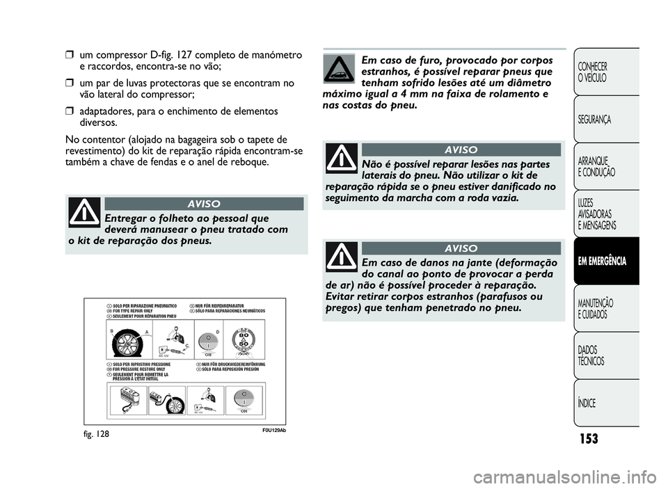 Abarth Punto Evo 2010 Manual de Uso e Manutenção (in Portuguese) ÍNDICE DADOS
TÉCNICOS
MANUTENÇÃO
ECUIDADOS
EMEMERGÊNCIA
LUZES
AVISADORAS
E MENSAGENS ARRANQUE
E CONDUÇÃO SEGURANÇA CONHECER
O VEÍCULO
153
❒um compressor D-fig. 127 completo de manómetro
e Abarth Punto Evo 2010 Manual de Uso e Manutenção (in Portuguese) ÍNDICE DADOS
TÉCNICOS
MANUTENÇÃO
ECUIDADOS
EMEMERGÊNCIA
LUZES
AVISADORAS
E MENSAGENS ARRANQUE
E CONDUÇÃO SEGURANÇA CONHECER
O VEÍCULO
153
❒um compressor D-fig. 127 completo de manómetro
e