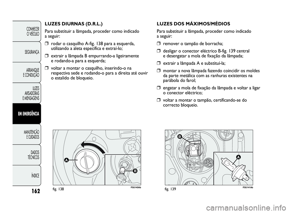 Abarth Punto Evo 2010 Manual de Uso e Manutenção (in Portuguese) 162
CONHECER
O VEÍCULO
SEGURANÇA
ARRANQUE
E CONDUÇÃO
LUZES
AVISADORAS
E MENSAGENS
EMEMERGÊNCIA
MANUTENÇÃO
E CUIDADOS
DADOS
TÉCNICOS
ÍNDICE
F0U140Abfig. 138
LUZES DIURNAS (D.R.L.)
Para substit Abarth Punto Evo 2010 Manual de Uso e Manutenção (in Portuguese) 162
CONHECER
O VEÍCULO
SEGURANÇA
ARRANQUE
E CONDUÇÃO
LUZES
AVISADORAS
E MENSAGENS
EMEMERGÊNCIA
MANUTENÇÃO
E CUIDADOS
DADOS
TÉCNICOS
ÍNDICE
F0U140Abfig. 138
LUZES DIURNAS (D.R.L.)
Para substit