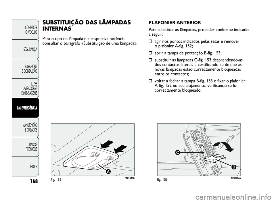 Abarth Punto Evo 2010 Manual de Uso e Manutenção (in Portuguese) 168
CONHECER
O VEÍCULO
SEGURANÇA
ARRANQUE
E CONDUÇÃO
LUZES
AVISADORAS
E MENSAGENS
EMEMERGÊNCIA
MANUTENÇÃO
E CUIDADOS
DADOS
TÉCNICOS
ÍNDICE
F0U154Abfig. 152
SUBSTITUIÇÃODASLÂMPADAS
INTERNAS Abarth Punto Evo 2010 Manual de Uso e Manutenção (in Portuguese) 168
CONHECER
O VEÍCULO
SEGURANÇA
ARRANQUE
E CONDUÇÃO
LUZES
AVISADORAS
E MENSAGENS
EMEMERGÊNCIA
MANUTENÇÃO
E CUIDADOS
DADOS
TÉCNICOS
ÍNDICE
F0U154Abfig. 152
SUBSTITUIÇÃODASLÂMPADAS
INTERNAS