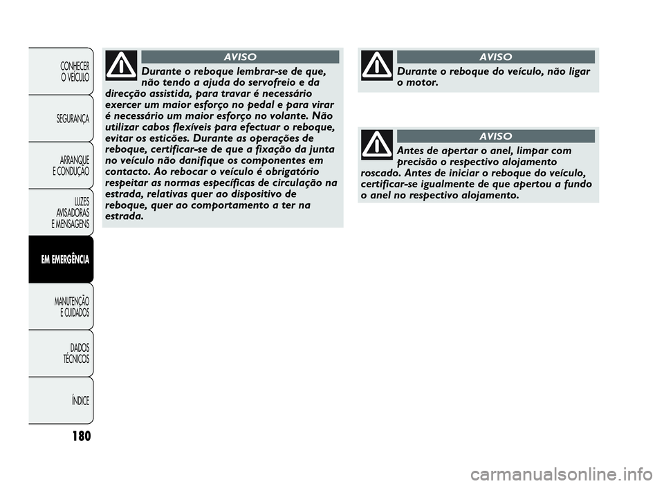 Abarth Punto Evo 2010 Manual de Uso e Manutenção (in Portuguese) ÍNDICE DADOS
TÉCNICOS
MANUTENÇÃO
E CUIDADOS
EMEMERGÊNCIA
LUZES
AVISADORAS
E MENSAGENSARRANQUE
E CONDUÇÃOSEGURANÇACONHECER
O VEÍCULO
180
Durante o reboque lembrar-se de que,
não tendo a ajuda Abarth Punto Evo 2010 Manual de Uso e Manutenção (in Portuguese) ÍNDICE DADOS
TÉCNICOS
MANUTENÇÃO
E CUIDADOS
EMEMERGÊNCIA
LUZES
AVISADORAS
E MENSAGENSARRANQUE
E CONDUÇÃOSEGURANÇACONHECER
O VEÍCULO
180
Durante o reboque lembrar-se de que,
não tendo a ajuda