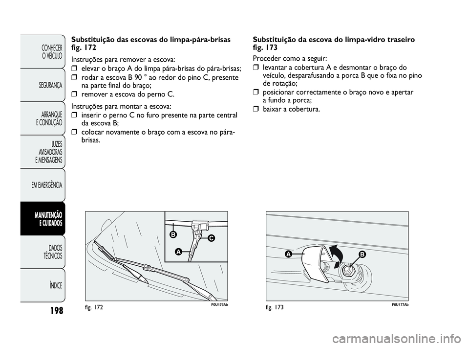 Abarth Punto Evo 2010 Manual de Uso e Manutenção (in Portuguese) F0U177Abfig. 173198
CONHECER
O VEÍCULO
SEGURANÇA
ARRANQUE
E CONDUÇÃO
LUZES
AVISADORAS
E MENSAGENS
EM EMERGÊNCIA
MANUTENÇÃO
E CUIDADOS
DADOS
TÉCNICOS
ÍNDICE
F0U176Abfig. 172
Substituiç Abarth Punto Evo 2010 Manual de Uso e Manutenção (in Portuguese) F0U177Abfig. 173198
CONHECER
O VEÍCULO
SEGURANÇA
ARRANQUE
E CONDUÇÃO
LUZES
AVISADORAS
E MENSAGENS
EM EMERGÊNCIA
MANUTENÇÃO
E CUIDADOS
DADOS
TÉCNICOS
ÍNDICE
F0U176Abfig. 172
Substituiç