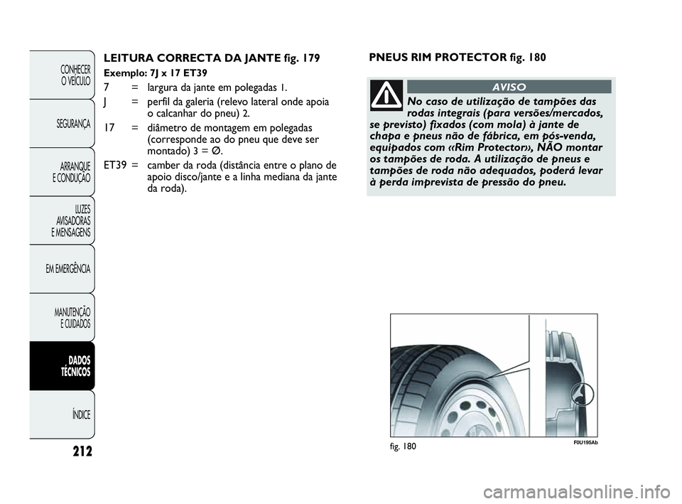 Abarth Punto Evo 2010 Manual de Uso e Manutenção (in Portuguese) 212
CONHECER
O VEÍCULO
SEGURANÇA
ARRANQUE
E CONDUÇÃO
LUZES
AVISADORAS
E MENSAGENS
EM EMERGÊNCIA
MANUTENÇÃO
E CUIDADOS
DADOS
TÉCNICOS
ÍNDICE
LEITURA CORRECTA DA JANTE fig. 179
Exemplo: Abarth Punto Evo 2010 Manual de Uso e Manutenção (in Portuguese) 212
CONHECER
O VEÍCULO
SEGURANÇA
ARRANQUE
E CONDUÇÃO
LUZES
AVISADORAS
E MENSAGENS
EM EMERGÊNCIA
MANUTENÇÃO
E CUIDADOS
DADOS
TÉCNICOS
ÍNDICE
LEITURA CORRECTA DA JANTE fig. 179
Exemplo:
