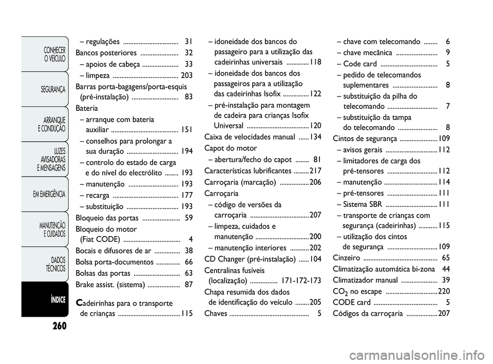 Abarth Punto Evo 2010  Manual de Uso e Manutenção (in Portuguese) 260
CONHECER
O VEÍCULO
SEGURANÇA
ARRANQUE
E CONDUÇÃO
LUZES 
AVISADORAS 
E MENSAGENS
EM EMERGÊNCIA
MANUTENÇÃO
E CUIDADOS
DADOS 
TÉCNICOS
ÍNDICE
– regulações ...............................