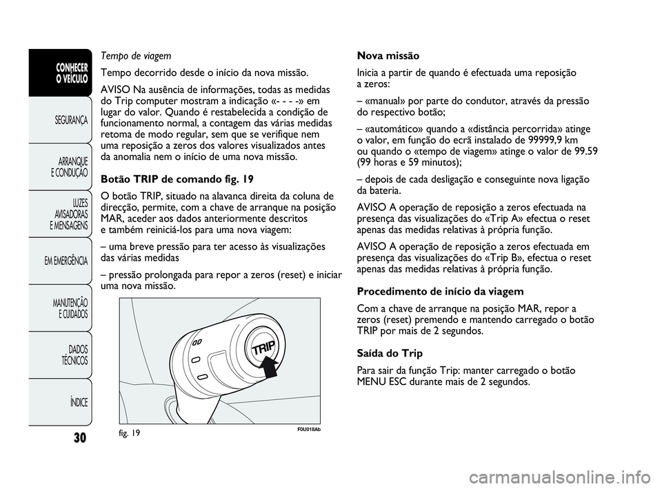 Abarth Punto Evo 2010  Manual de Uso e Manutenção (in Portuguese) 30
CONHECER 
O VEÍCULO
SEGURANÇA 
ARRANQUE 
E CONDUÇÃO
LUZES 
AVISADORAS 
E MENSAGENS
EM EMERGÊNCIA
MANUTENÇÃO 
E CUIDADOS
DADOS 
TÉCNICOS
ÍNDICE
F0U018Abfig. 19
Nova missão
Inicia a partir 