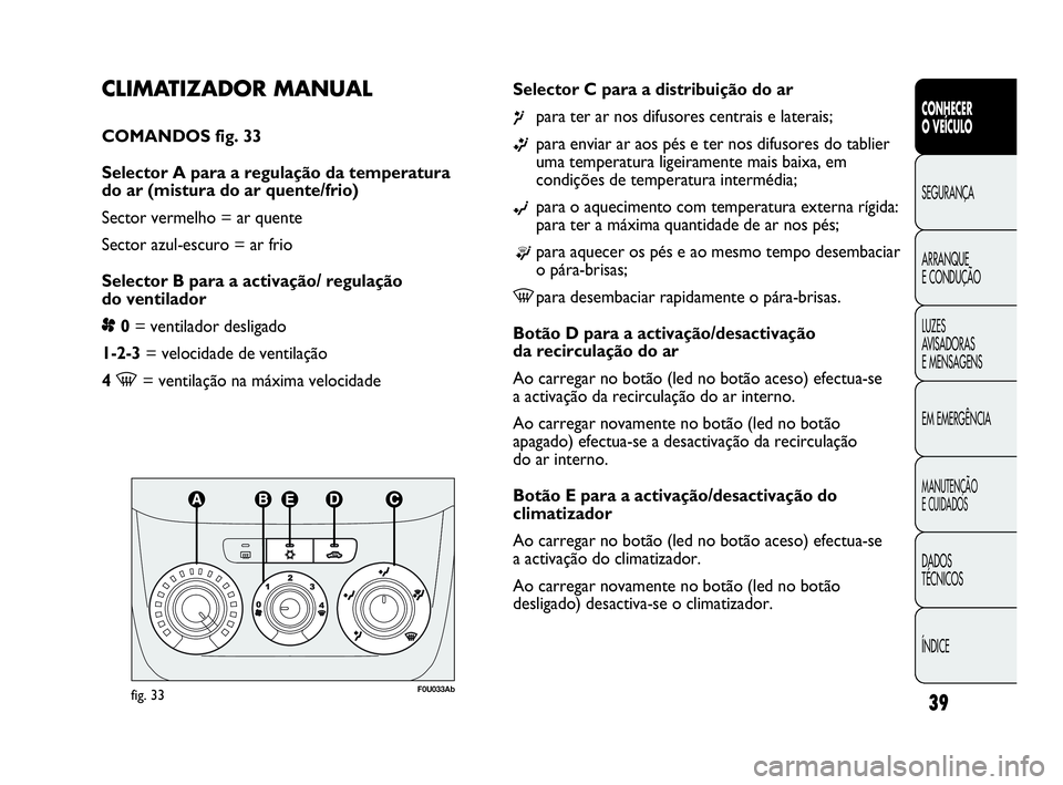 Abarth Punto Evo 2010 Manual de Uso e Manutenção (in Portuguese) ÍNDICE DADOS
TÉCNICOS
MANUTENÇÃO
E CUIDADOS
EM EMERGÊNCIA LUZES
AVISADORAS
E MENSAGENS ARRANQUE
E CONDUÇÃO SEGURANÇA
CONHECER
O VEÍCULO
39
CLIMATIZADOR MANUAL
COMANDOS fig. 33
Selecto Abarth Punto Evo 2010 Manual de Uso e Manutenção (in Portuguese) ÍNDICE DADOS
TÉCNICOS
MANUTENÇÃO
E CUIDADOS
EM EMERGÊNCIA LUZES
AVISADORAS
E MENSAGENS ARRANQUE
E CONDUÇÃO SEGURANÇA
CONHECER
O VEÍCULO
39
CLIMATIZADOR MANUAL
COMANDOS fig. 33
Selecto
