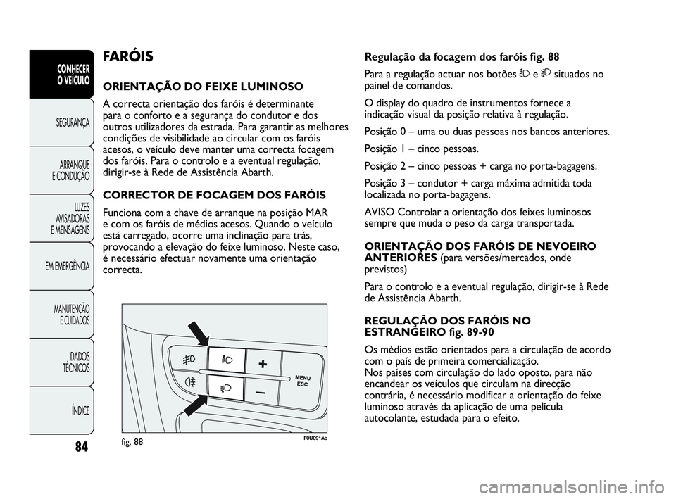 Abarth Punto Evo 2010 Manual de Uso e Manutenção (in Portuguese) 84
CONHECER
O VEÍCULO
SEGURANÇA
ARRANQUE
E CONDUÇÃO
LUZES
AVISADORAS
E MENSAGENS
EM EMERGÊNCIA
MANUTENÇÃO
E CUIDADOS
DADOS
TÉCNICOS
ÍNDICE
F0U091Abfig. 88
Regulação da focagem dos far Abarth Punto Evo 2010 Manual de Uso e Manutenção (in Portuguese) 84
CONHECER
O VEÍCULO
SEGURANÇA
ARRANQUE
E CONDUÇÃO
LUZES
AVISADORAS
E MENSAGENS
EM EMERGÊNCIA
MANUTENÇÃO
E CUIDADOS
DADOS
TÉCNICOS
ÍNDICE
F0U091Abfig. 88
Regulação da focagem dos far