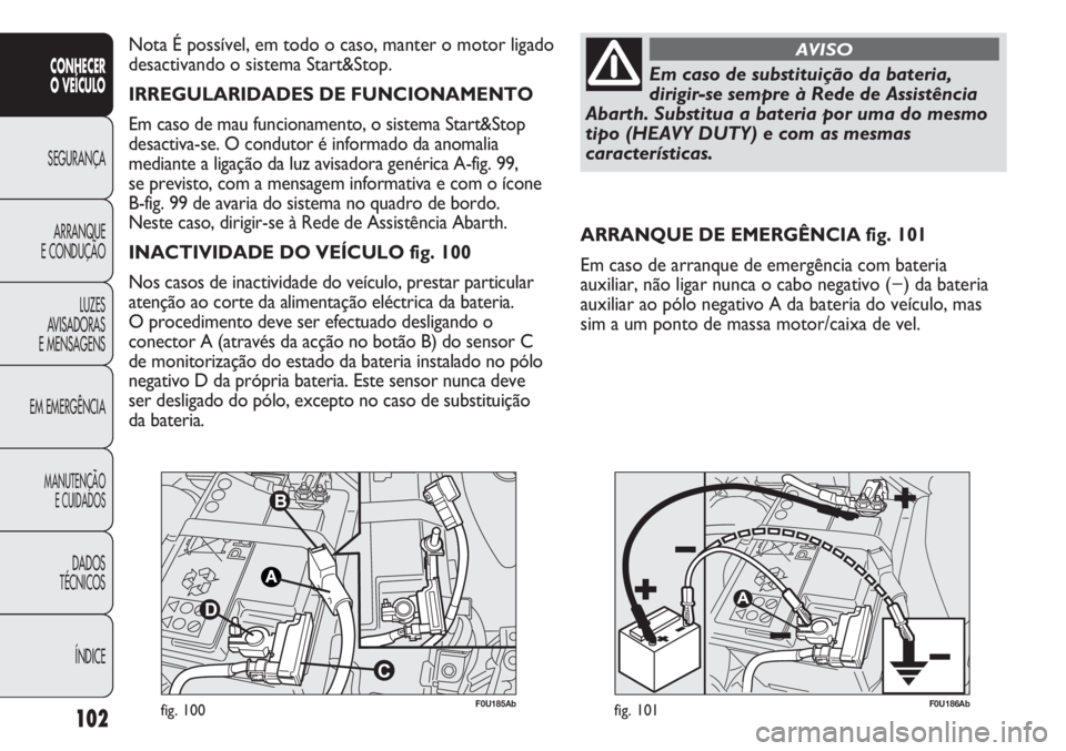 Abarth Punto Evo 2012 Manual de Uso e Manutenção (in Portuguese) 102
CONHECER
O VEÍCULO
SEGURANÇA
ARRANQUE
E CONDUÇÃO
LUZES
AVISADORAS
E MENSAGENS
EM EMERGÊNCIA
MANUTENÇÃO
E CUIDADOS
DADOS
TÉCNICOS
ÍNDICE
F0U185Abfig. 100F0U186Abfig. 101
ARRANQUE DE EMERG Abarth Punto Evo 2012 Manual de Uso e Manutenção (in Portuguese) 102
CONHECER
O VEÍCULO
SEGURANÇA
ARRANQUE
E CONDUÇÃO
LUZES
AVISADORAS
E MENSAGENS
EM EMERGÊNCIA
MANUTENÇÃO
E CUIDADOS
DADOS
TÉCNICOS
ÍNDICE
F0U185Abfig. 100F0U186Abfig. 101
ARRANQUE DE EMERG