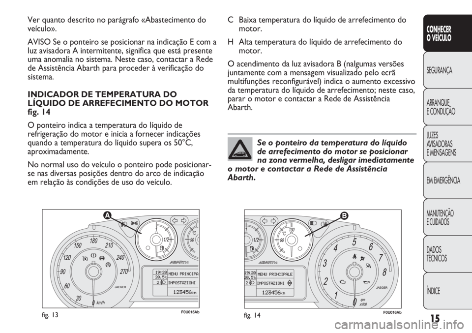 Abarth Punto Evo 2012  Manual de Uso e Manutenção (in Portuguese) ÍNDICE DADOS
TÉCNICOS
MANUTENÇÃO
E CUIDADOS 
EM EMERGÊNCIA LUZES
AVISADORAS 
E MENSAGENS ARRANQUE
E CONDUÇÃO SEGURANÇA
CONHECER
O VEÍCULO
15
F0U015Abfig. 13F0U016Abfig. 14
C Baixa temperatura