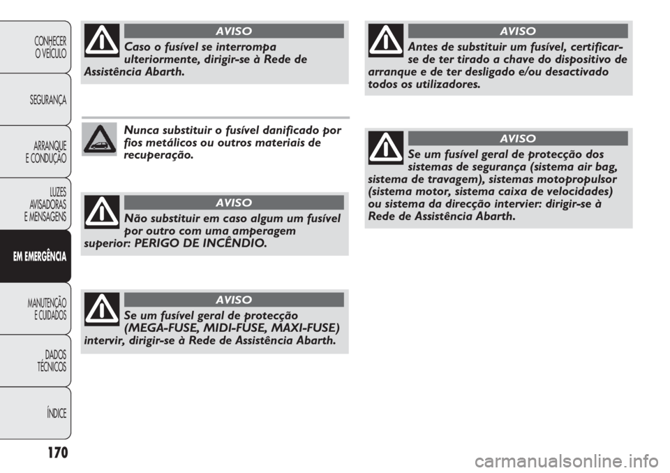 Abarth Punto Evo 2012  Manual de Uso e Manutenção (in Portuguese) 170
CONHECER
O VEÍCULO
SEGURANÇA
ARRANQUE
E CONDUÇÃO
LUZES
AVISADORAS 
E MENSAGENS
EM EMERGÊNCIA
MANUTENÇÃO
E CUIDADOS 
DADOS
TÉCNICOS
ÍNDICE
Nunca substituir o fusível danificado por
fios m