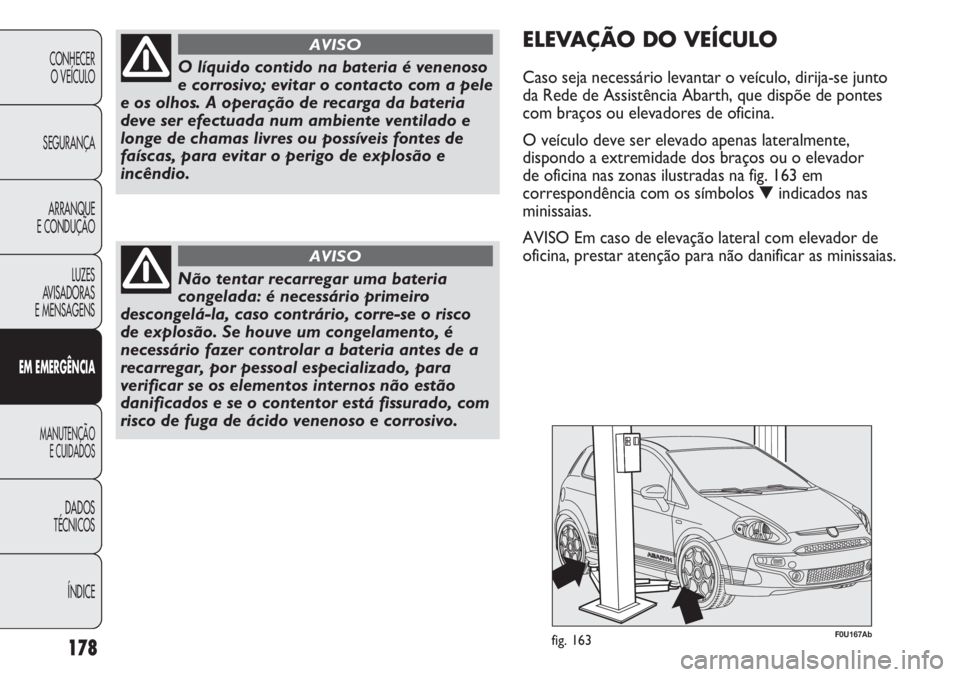 Abarth Punto Evo 2012  Manual de Uso e Manutenção (in Portuguese) ÍNDICE DADOS
TÉCNICOS
MANUTENÇÃO
E CUIDADOS 
EM EMERGÊNCIA
LUZES
AVISADORAS 
E MENSAGENSARRANQUE
E CONDUÇÃOSEGURANÇACONHECER
O VEÍCULO
178
O líquido contido na bateria é venenoso
e corrosiv
