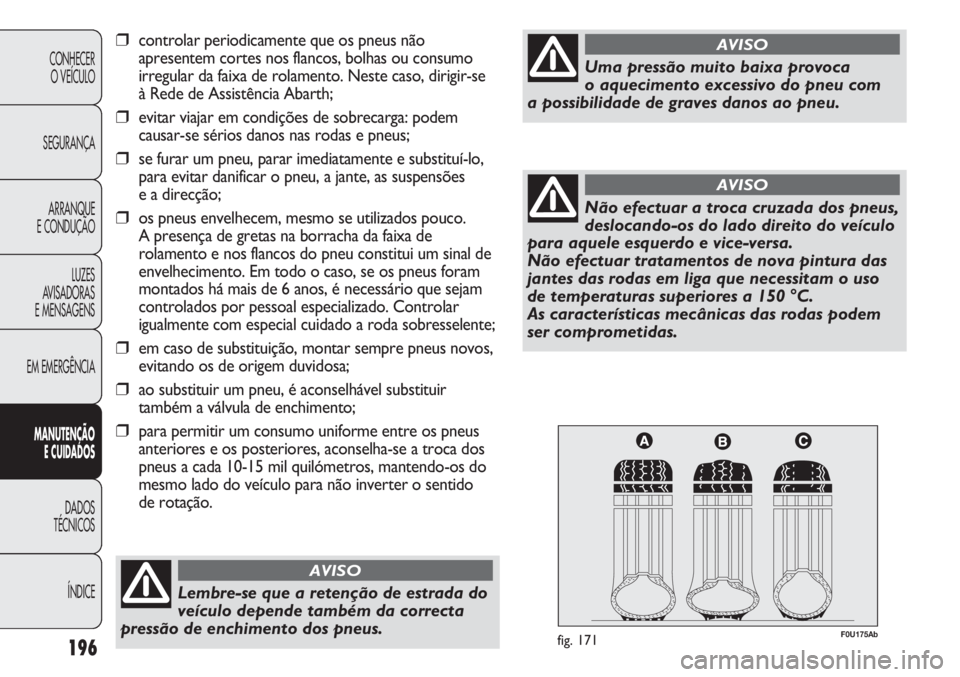 Abarth Punto Evo 2012 Manual de Uso e Manutenção (in Portuguese) 196
CONHECER
O VEÍCULO
SEGURANÇA
ARRANQUE
E CONDUÇÃO
LUZES
AVISADORAS
E MENSAGENS
EM EMERGÊNCIA
MANUTENÇÃO
E CUIDADOS
DADOS
TÉCNICOS
ÍNDICE
F0U175Abfig. 171
Lembre-se que a retenção de es Abarth Punto Evo 2012 Manual de Uso e Manutenção (in Portuguese) 196
CONHECER
O VEÍCULO
SEGURANÇA
ARRANQUE
E CONDUÇÃO
LUZES
AVISADORAS
E MENSAGENS
EM EMERGÊNCIA
MANUTENÇÃO
E CUIDADOS
DADOS
TÉCNICOS
ÍNDICE
F0U175Abfig. 171
Lembre-se que a retenção de es