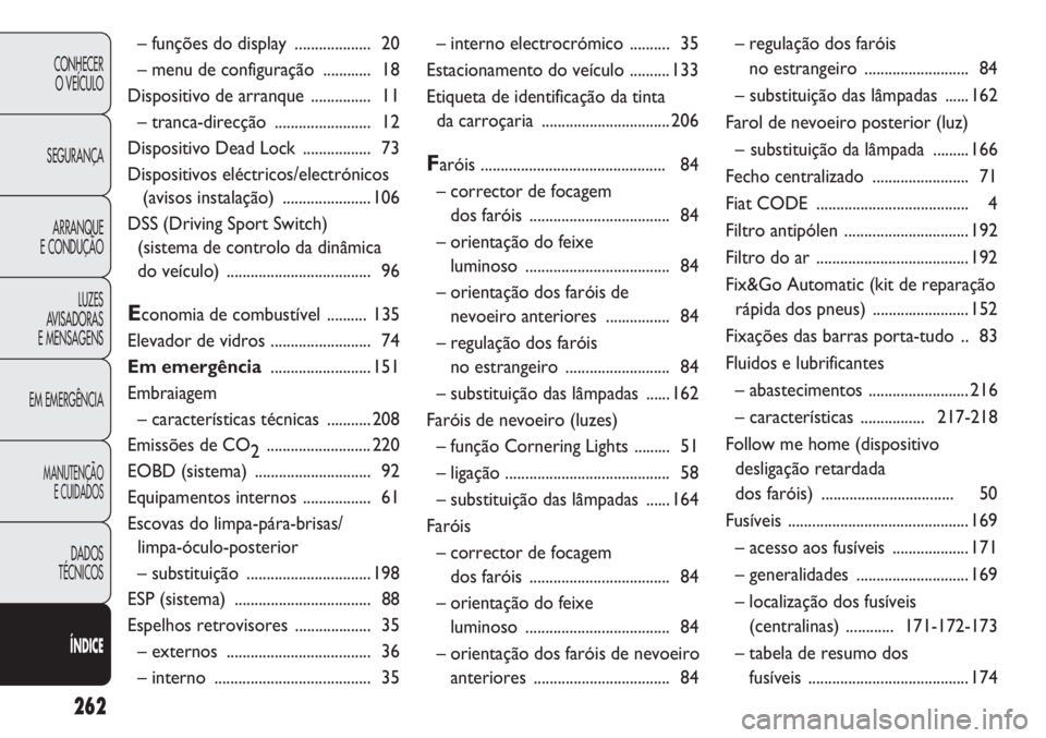 Abarth Punto Evo 2012 Manual de Uso e Manutenção (in Portuguese) 262
CONHECER
O VEÍCULO
SEGURANÇA
ARRANQUE
E CONDUÇÃO
LUZES
AVISADORAS
E MENSAGENS
EM EMERGÊNCIA
MANUTENÇÃO
E CUIDADOS
DADOS
TÉCNICOS
ÍNDICE
– funções do display ................... 20
Abarth Punto Evo 2012 Manual de Uso e Manutenção (in Portuguese) 262
CONHECER
O VEÍCULO
SEGURANÇA
ARRANQUE
E CONDUÇÃO
LUZES
AVISADORAS
E MENSAGENS
EM EMERGÊNCIA
MANUTENÇÃO
E CUIDADOS
DADOS
TÉCNICOS
ÍNDICE
– funções do display ................... 20