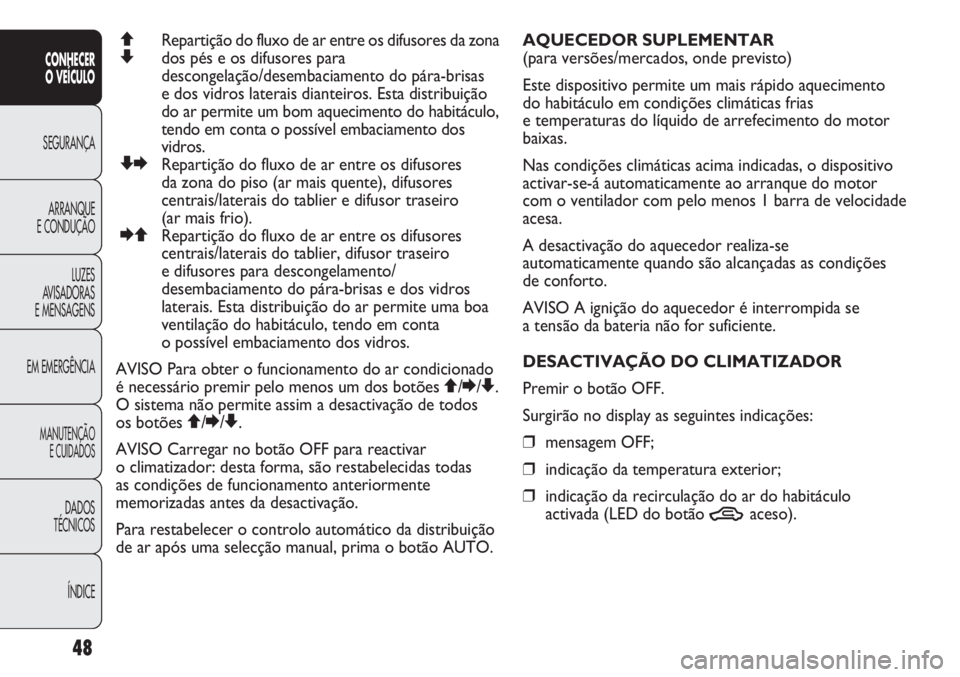 Abarth Punto Evo 2012  Manual de Uso e Manutenção (in Portuguese) ÍNDICE DADOS
TÉCNICOS
MANUTENÇÃO
E CUIDADOS
EM EMERGÊNCIALUZES
AVISADORAS 
E MENSAGENSARRANQUE
E CONDUÇÃOSEGURANÇA
CONHECER
O VEÍCULO
48
QRepartição do fluxo de ar entre os difusores da zon