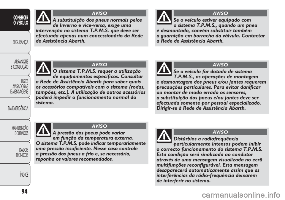 Abarth Punto Evo 2012 Manual de Uso e Manutenção (in Portuguese) 94
CONHECER
O VEÍCULO
SEGURANÇA
ARRANQUE
E CONDUÇÃO
LUZES
AVISADORAS
E MENSAGENS
EM EMERGÊNCIA
MANUTENÇÃO
E CUIDADOS
DADOS
TÉCNICOS
ÍNDICE
A substituição dos pneus normais pelos
de Inverno Abarth Punto Evo 2012 Manual de Uso e Manutenção (in Portuguese) 94
CONHECER
O VEÍCULO
SEGURANÇA
ARRANQUE
E CONDUÇÃO
LUZES
AVISADORAS
E MENSAGENS
EM EMERGÊNCIA
MANUTENÇÃO
E CUIDADOS
DADOS
TÉCNICOS
ÍNDICE
A substituição dos pneus normais pelos
de Inverno