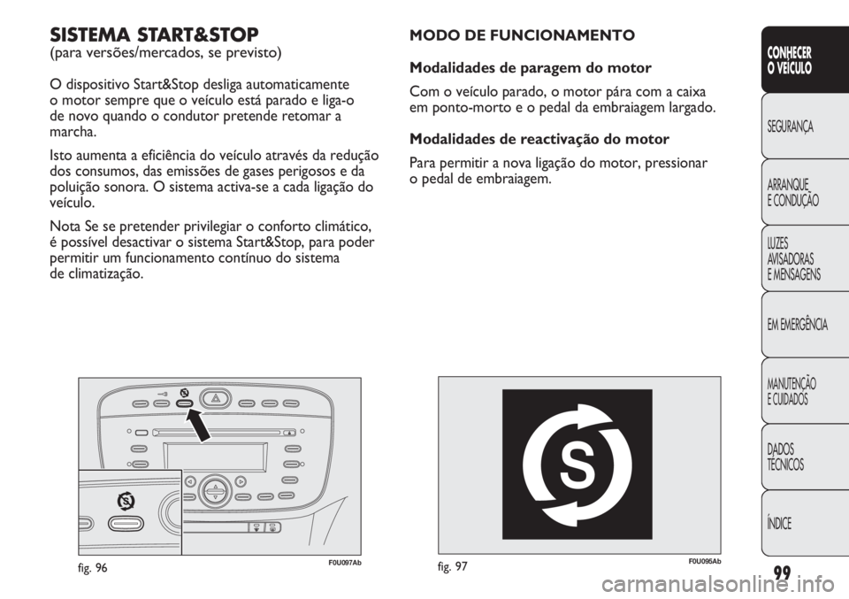 Abarth Punto Evo 2012 Manual de Uso e Manutenção (in Portuguese) 99
CONHECER
O VEÍCULO
SEGURANÇA
ARRANQUE
E CONDUÇÃO
LUZES
AVISADORAS
E MENSAGENS
EM EMERGÊNCIA
MANUTENÇÃO
E CUIDADOS
DADOS
TÉCNICOS
ÍNDICE
F0U095Abfig. 97
MODO DE FUNCIONAMENTO
Modalidades d Abarth Punto Evo 2012 Manual de Uso e Manutenção (in Portuguese) 99
CONHECER
O VEÍCULO
SEGURANÇA
ARRANQUE
E CONDUÇÃO
LUZES
AVISADORAS
E MENSAGENS
EM EMERGÊNCIA
MANUTENÇÃO
E CUIDADOS
DADOS
TÉCNICOS
ÍNDICE
F0U095Abfig. 97
MODO DE FUNCIONAMENTO
Modalidades d