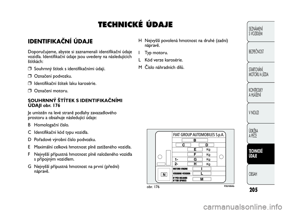Abarth Punto Evo 2010  Návod k použití a údržbě (in Czech) 205
F0U180Abobr. 176
H Nejvyšší povolená hmotnost na druhé (zadní)
nápravě.
I Typ motoru.
L Kód verze karosérie.
M Číslo náhradních dílů.
SEZNÁMENÍ 
S VOZIDLEM
BEZPEČNOST
STARTOVÁN