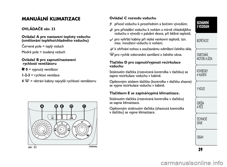 Abarth Punto Evo 2010  Návod k použití a údržbě (in Czech) OBSAH TECHNICKÉ 
ÚDAJE ÚDRŽBA 
A PÉČE V NOUZI  KONTROLKY 
A HLÁŠENÍ STARTOVÁNÍ 
MOTORU A JÍZDA  BEZPEČNOST
SEZNÁMENÍ 
S VOZIDLEM
39
MANUÁLNÍ KLIMATIZACE 
OVLÁDAČE obr. 33
Ovládač 