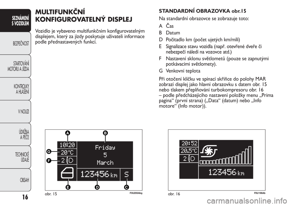 Abarth Punto Evo 2012  Návod k použití a údržbě (in Czech) 16obr. 15F0U205Abg
MULTIFUNKČNÍ
KONFIGUROVATELNÝ DISPLEJ 
Vozidlo je vybaveno multifunkčním konfigurovatelným
displejem, který za jízdy poskytuje uživateli informace
podle přednastavených f