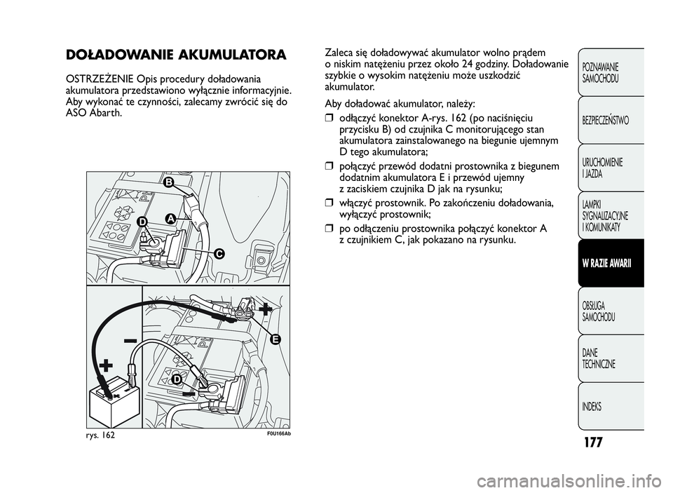 Abarth Punto Evo 2010  Instrukcja obsługi (in Polish) 177
POZNAWANIE
SAMOCHODU
BEZPIECZE
ŃSTWO
URUCHOMIENIE
I JAZDA
LAMPKI
SYGNALIZACYJNE
I KOMUNIKATY
WRAZIEAWA R I I
OBSŁUGA
SAMOCHODU
DANE
TECHNICZNE
INDEKS
DOŁADOWA N IEAKUMULATORA
OSTRZEŻENIE Opis 