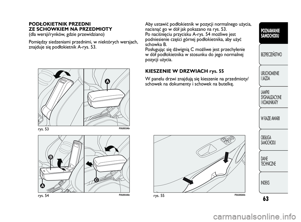 Abarth Punto Evo 2010  Instrukcja obsługi (in Polish) 63
POZNAWANIE 
SAMOCHODU
BEZPIECZEŃSTWO
URUCHOMIENIE 
I JAZDA
LAMPKI 
SYGNALIZACYJNE 
I KOMUNIKATY
W RAZIE AWARII
OBSŁUGA 
SAMOCHODU
DANE 
TECHNICZNE
INDEKS
F0U054Abrys. 54
PODŁOKIETNIK PRZEDNI 
ZE
