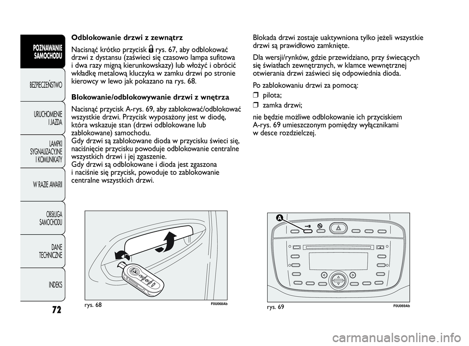 Abarth Punto Evo 2010  Instrukcja obsługi (in Polish) 72
POZNAWANIE
SAMOCHODU
BEZPIECZEŃSTWO
URUCHOMIENIE
I JAZDA
LAMPKI
SYGNALIZACYJNE
I KOMUNIKATY
W RAZIE AWARII
OBSŁUGA 
SAMOCHODU
DANE
TECHNICZNE
INDEKS
F0U069Abrys. 69F0U068Abrys. 68
Odblokowanie dr