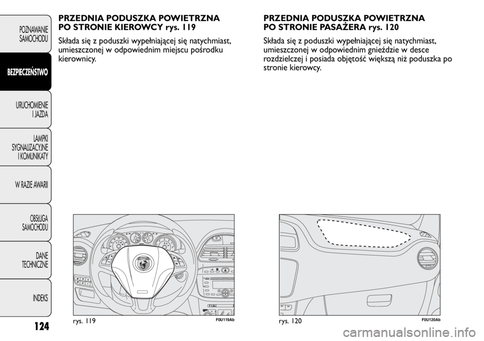 Abarth Punto Evo 2011 Instrukcja obsługi (in Polish) 124
F0U119Abrys. 119F0U120Abrys. 120
PRZEDNIA PODUSZKA POWIETRZNA
PO STRONIE KIEROWCY rys. 119
Składa się z poduszki wypełniającej się natychmiast,
umieszczonej w odpowiednim miejscu pośrodku
k Abarth Punto Evo 2011 Instrukcja obsługi (in Polish) 124
F0U119Abrys. 119F0U120Abrys. 120
PRZEDNIA PODUSZKA POWIETRZNA
PO STRONIE KIEROWCY rys. 119
Składa się z poduszki wypełniającej się natychmiast,
umieszczonej w odpowiednim miejscu pośrodku
k
