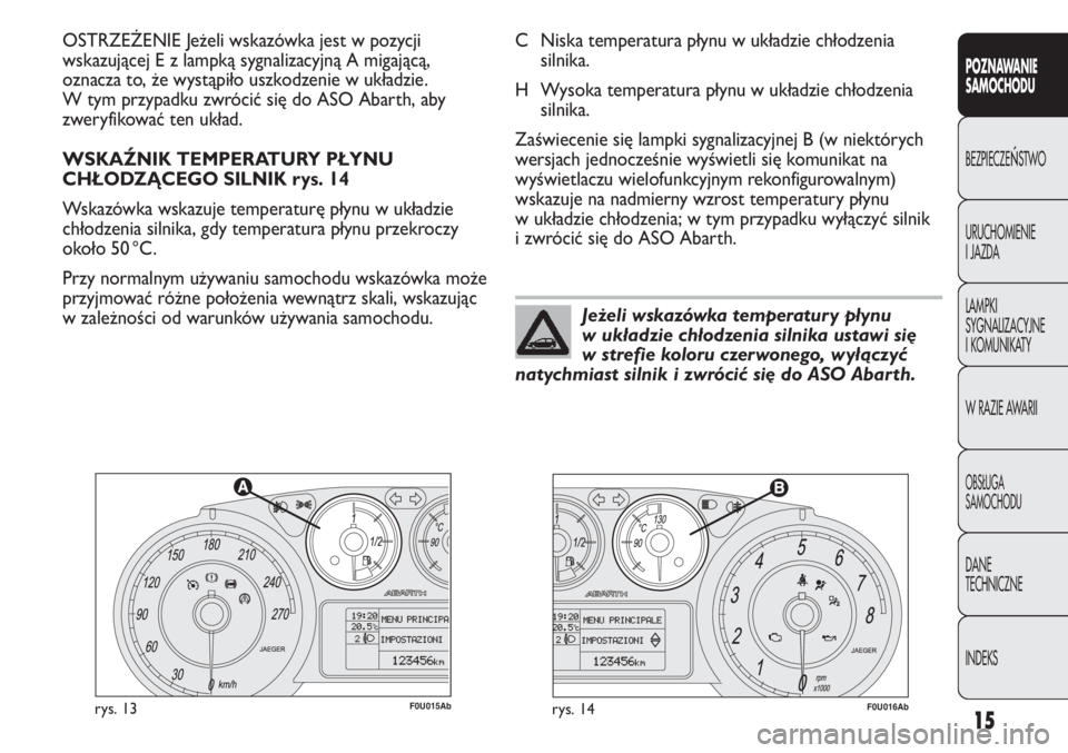 Abarth Punto Evo 2011 Instrukcja obsługi (in Polish) CONOSCENZA
DELLA
VETTURA
15
POZNAWANIE
SAMOCHODU
BEZPIECZEŃSTWO
URUCHOMIENIE
I JAZDA
LAMPKI
SYGNALIZACYJNE
I KOMUNIKATY
W RAZIE AWARII
OBSŁUGA
SAMOCHODU
DANE
TECHNICZNE
INDEKS
F0U015Abrys. 13F0U016 Abarth Punto Evo 2011 Instrukcja obsługi (in Polish) CONOSCENZA
DELLA
VETTURA
15
POZNAWANIE
SAMOCHODU
BEZPIECZEŃSTWO
URUCHOMIENIE
I JAZDA
LAMPKI
SYGNALIZACYJNE
I KOMUNIKATY
W RAZIE AWARII
OBSŁUGA
SAMOCHODU
DANE
TECHNICZNE
INDEKS
F0U015Abrys. 13F0U016