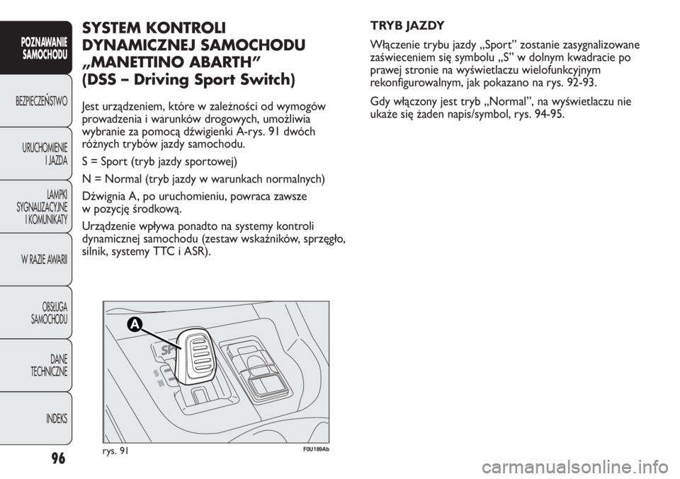 Abarth Punto Evo 2011 Instrukcja obsługi (in Polish) 96
POZNAWANIE
SAMOCHODU
BEZPIECZEŃSTWO
URUCHOMIENIE
I JAZDA
LAMPKI
SYGNALIZACYJNE
I KOMUNIKATY
W RAZIE AWARII
OBSŁUGA
SAMOCHODU
DANE
TECHNICZNE
INDEKS
F0U189Abrys. 91
TRYB JAZDY
Włączenie trybu ja Abarth Punto Evo 2011 Instrukcja obsługi (in Polish) 96
POZNAWANIE
SAMOCHODU
BEZPIECZEŃSTWO
URUCHOMIENIE
I JAZDA
LAMPKI
SYGNALIZACYJNE
I KOMUNIKATY
W RAZIE AWARII
OBSŁUGA
SAMOCHODU
DANE
TECHNICZNE
INDEKS
F0U189Abrys. 91
TRYB JAZDY
Włączenie trybu ja