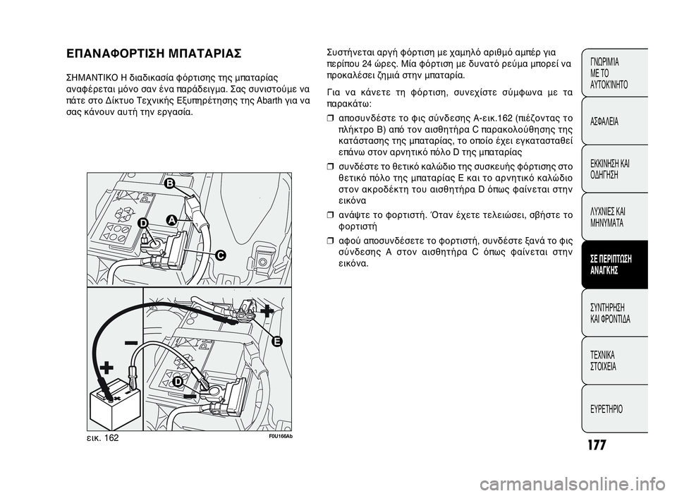 Abarth Punto Evo 2010 ΒΙΒΛΙΟ ΧΡΗΣΗΣ ΚΑΙ ΣΥΝΤΗΡΗΣΗΣ (in Greek) 177
ΓΝΩΡΙΜΊΑ
ΜΕ ΤΟ
ΑΥΤΟΚΊΝΗΤΟ
ΑΣΦΑΛΕΙΑ
ΕΚΚΙΝΗΣΗ ΚΑΙ
ΟΔΗΓΗΣΗ
ΛΥΧΝΙΕΣ ΚΑΙ
ΜΗΝΥΜΑΤΑ
ΣΕ ΠΕΡΙΠΤΩΣΗ
ΑΝΑΓΚΗΣ
ΣΥΝΤΗΡΗ Abarth Punto Evo 2010 ΒΙΒΛΙΟ ΧΡΗΣΗΣ ΚΑΙ ΣΥΝΤΗΡΗΣΗΣ (in Greek) 177
ΓΝΩΡΙΜΊΑ
ΜΕ ΤΟ
ΑΥΤΟΚΊΝΗΤΟ
ΑΣΦΑΛΕΙΑ
ΕΚΚΙΝΗΣΗ ΚΑΙ
ΟΔΗΓΗΣΗ
ΛΥΧΝΙΕΣ ΚΑΙ
ΜΗΝΥΜΑΤΑ
ΣΕ ΠΕΡΙΠΤΩΣΗ
ΑΝΑΓΚΗΣ
ΣΥΝΤΗΡΗ