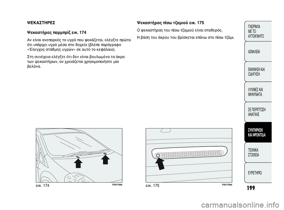 Abarth Punto Evo 2010  ΒΙΒΛΙΟ ΧΡΗΣΗΣ ΚΑΙ ΣΥΝΤΗΡΗΣΗΣ (in Greek) 199
F0U179Abεικ. 174F0U178Abεικ. 175
Ψεκαστήρας πίσω τζαμιού εικ. 175
Ο ψεκαστήρας του πίσω τζαμιού είναι σταθερός.
Η βάση το