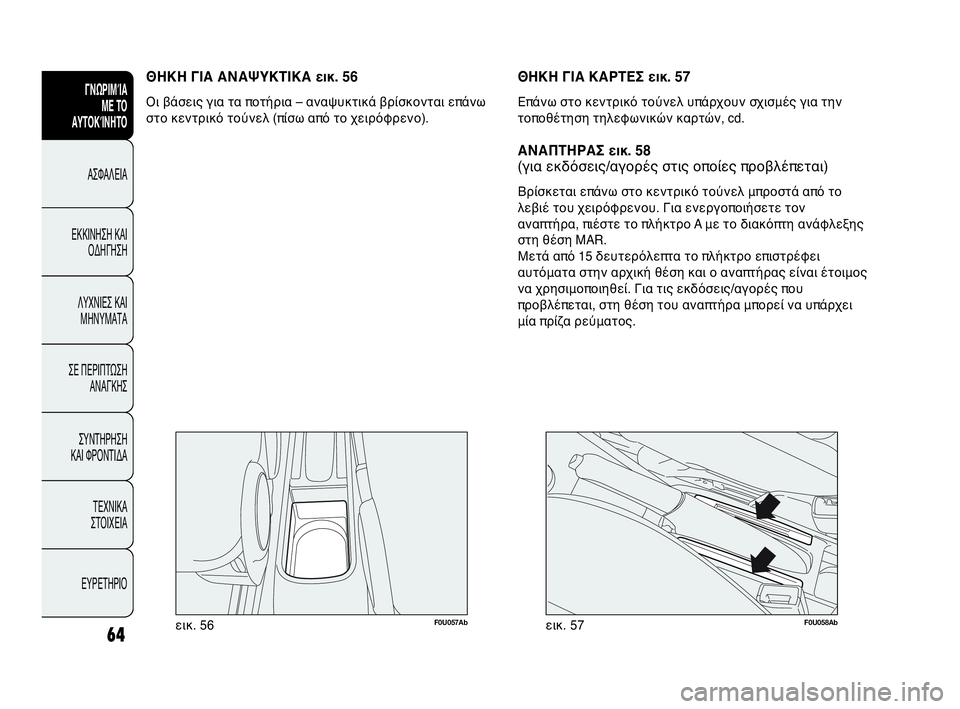 Abarth Punto Evo 2010 ΒΙΒΛΙΟ ΧΡΗΣΗΣ ΚΑΙ ΣΥΝΤΗΡΗΣΗΣ (in Greek) 64
F0U057Abεικ. 56
ΘΗΚΗ ΓΙΑ ΑΝΑΨΥΚΤΙΚΑ εικ. 56
Οι βάσεις για τα ποτήρια – αναψυκτικά βρίσκονται επάνω
στο κεντρικό το Abarth Punto Evo 2010 ΒΙΒΛΙΟ ΧΡΗΣΗΣ ΚΑΙ ΣΥΝΤΗΡΗΣΗΣ (in Greek) 64
F0U057Abεικ. 56
ΘΗΚΗ ΓΙΑ ΑΝΑΨΥΚΤΙΚΑ εικ. 56
Οι βάσεις για τα ποτήρια – αναψυκτικά βρίσκονται επάνω
στο κεντρικό το