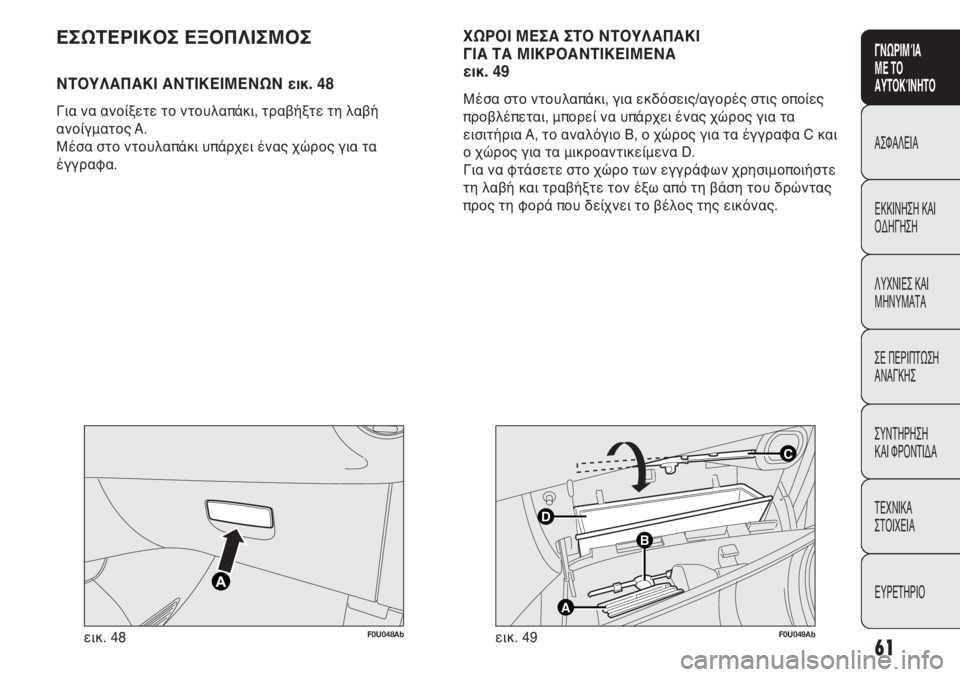 Abarth Punto Evo 2012  ΒΙΒΛΙΟ ΧΡΗΣΗΣ ΚΑΙ ΣΥΝΤΗΡΗΣΗΣ (in Greek) 61
CONOSCENZA
DELLA
VETTURA
SICUREZZA
AVVIAMENTO
E GUIDA
SPIE E
MESSAGGI
IN EMERGENZA
MANUTENZIONE
E CURA
DATI TECNICI
INDICE
ΓΝΩΡΙΜΊΑ 
ΜΕ ΤΟ
ΑΥΤΟΚΊΝΗΤΟ
ΑΣΦΑΛΕΙΑ
ΕΚΚΙ
