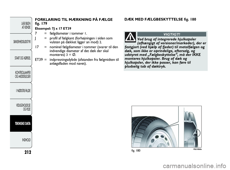 Abarth Punto Evo 2010 Brugs- og vedligeholdelsesvejledning (in Danish) LÆR BILEN
AT KENDE
SIKKERHEDSUDSTYR
START OG KØRSEL
KONTROLLAMPER
OG MEDDELELSER
I NØDSTILFÆLDE
VEDLIGEHOLDELSE
OG PLEJE
TEKNISKE DATA
INDHOLD
212
FORKLARING TIL MÆRKNING PÅ FÆLGE
fig. 179
E Abarth Punto Evo 2010 Brugs- og vedligeholdelsesvejledning (in Danish) LÆR BILEN
AT KENDE
SIKKERHEDSUDSTYR
START OG KØRSEL
KONTROLLAMPER
OG MEDDELELSER
I NØDSTILFÆLDE
VEDLIGEHOLDELSE
OG PLEJE
TEKNISKE DATA
INDHOLD
212
FORKLARING TIL MÆRKNING PÅ FÆLGE
fig. 179
E