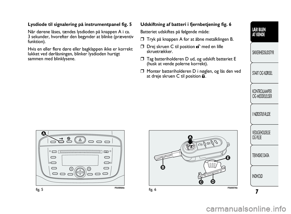 Abarth Punto Evo 2010  Brugs- og vedligeholdelsesvejledning (in Danish) 7
F0U006Abfig. 5F0U007Abfig. 6
Udskiftning af batteri i fjernbetjening fig. 6
Batteriet udskiftes på følgende måde:
❒Tryk på knappen A for at åbne metalklingen B.
❒Drej skruen C til position 