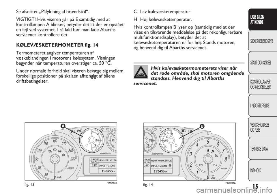 Abarth Punto Evo 2012  Brugs- og vedligeholdelsesvejledning (in Danish) INDHOLD TEKNISKE DATA
VEDLIGEHOLDELSE
OG PLEJE
I NØDSTILFÆLDE KONTROLLAMPER
OG MEDDELELSER START OG KØRSEL SIKKERHEDSUDSTYR
LÆR BILEN 
AT KENDE
15
F0U015Abfig. 13F0U016Abfig. 14
C Lav kølevæsket