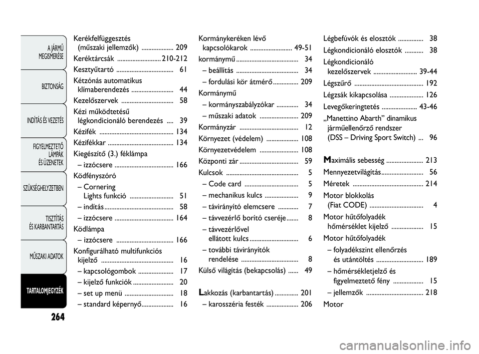 Abarth Punto Evo 2010  Kezelési és karbantartási útmutató (in Hungarian) 264
A JÁRMŰ 
MEGISMERÉSE
BIZTONSÁG
INDÍTÁS ÉS VEZETÉS
FIGYELMEZTETŐ 
LÁMPÁK 
ÉS ÜZENETEK
SZÜKSÉGHELYZETBEN
TISZTÍTÁS 
ÉS KARBANTARTÁS
MŰSZAKI ADATOK
TARTALOMJEGYZÉK
Kerékfelfügg