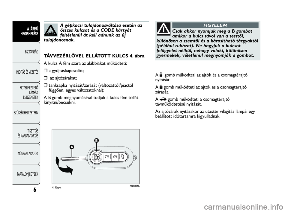 Abarth Punto Evo 2010  Kezelési és karbantartási útmutató (in Hungarian) F0U005Ab4ábra
TÁVVEZÉRLŐVEL ELLÁTOTT KULCS 4. ábra
A kulcs A fém szára az alábbiakat működteti:
❒a gyújtáskapcsolót;
❒az ajtózárakat;
❒tanksapka nyitását/zárását (változatt