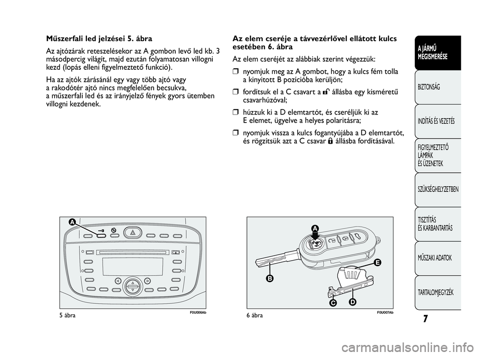 Abarth Punto Evo 2010  Kezelési és karbantartási útmutató (in Hungarian) F0U006Ab5ábraF0U007Ab6ábra
Az elem cseréje a távvezérlővel ellátott kulcs
esetében 6. ábra
Az elem cseréjét az alábbiak szerint végezzük:
❒nyomjuk meg az A gombot, hogy a kulcs fém to