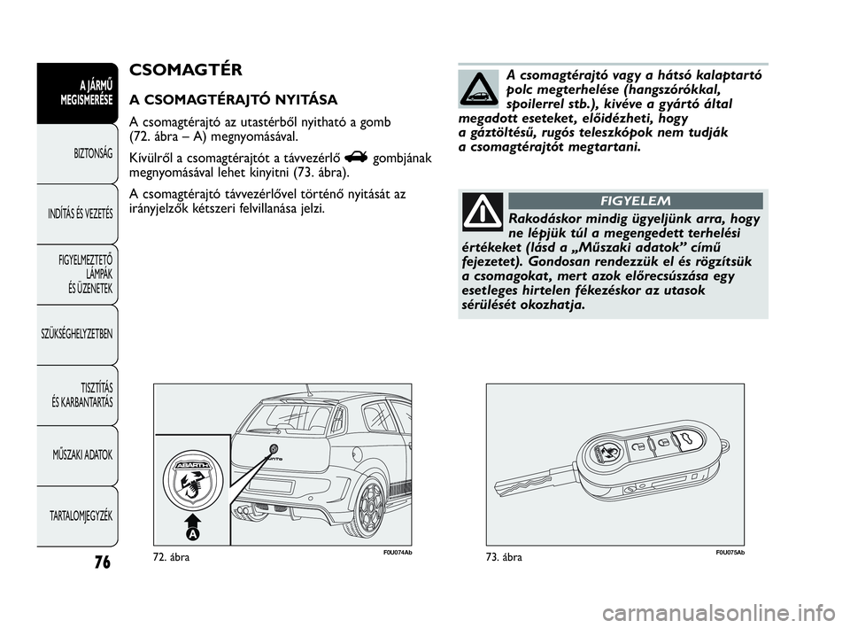 Abarth Punto Evo 2010  Kezelési és karbantartási útmutató (in Hungarian) 76
A JÁRMŰ 
MEGISMERÉSE
BIZTONSÁG
INDÍTÁS ÉS VEZETÉS
FIGYELMEZTETŐ 
LÁMPÁK 
ÉS ÜZENETEK
SZÜKSÉGHELYZETBEN
TISZTÍTÁS 
ÉS KARBANTARTÁS
MŰSZAKI ADATOK
TARTALOMJEGYZÉK
F0U074Ab72. áb