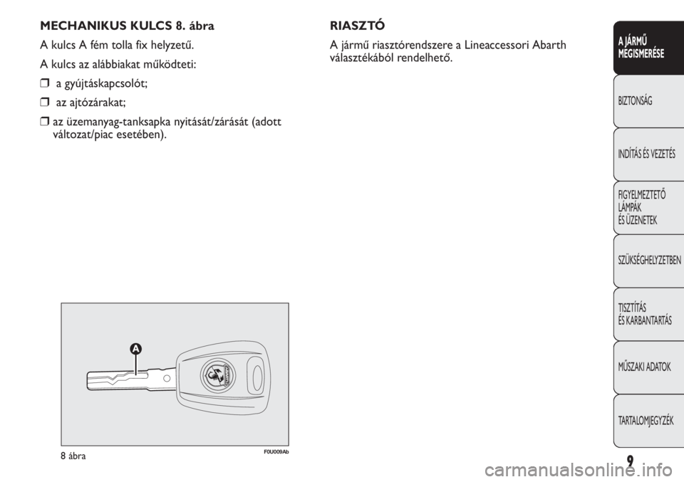 Abarth Punto Evo 2012  Kezelési és karbantartási útmutató (in Hungarian) MECHANIKUS KULCS 8. ábra
A kulcs A fém tolla fix helyzetű.
A kulcs az alábbiakat működteti:
❒a gyújtáskapcsolót;
❒az ajtózárakat;
❒az üzemanyag-tanksapka nyitását/zárását (adott