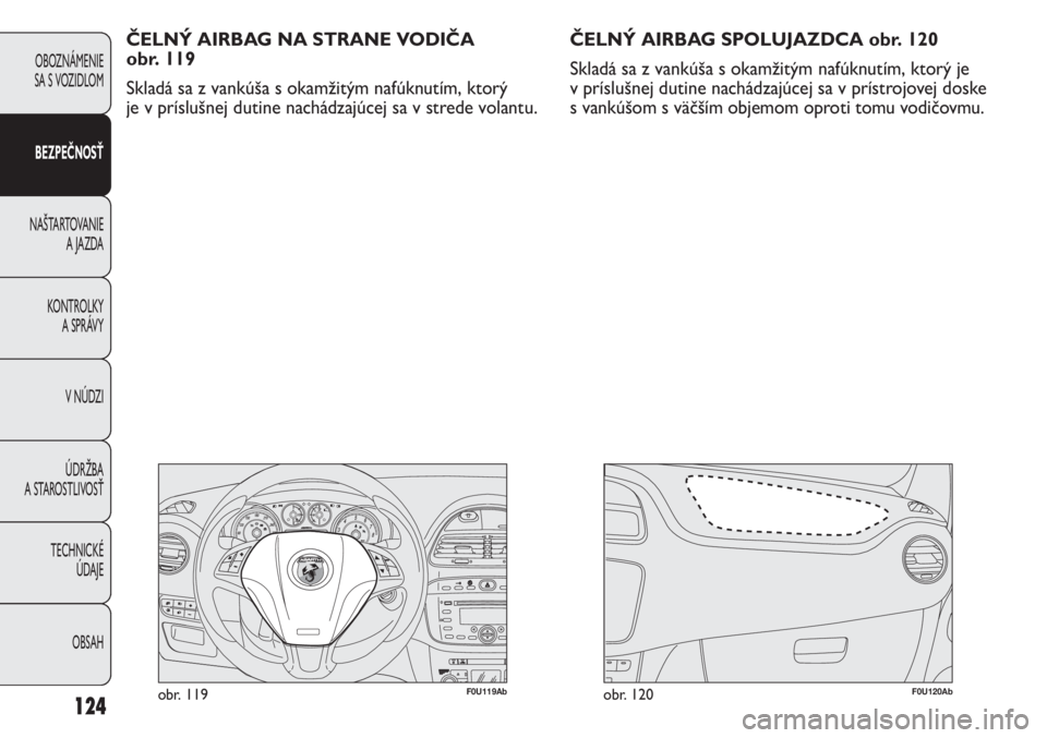 Abarth Punto Evo 2010 Návod na použitie a údržbu (in Slovak) F0U119Abobr. 119F0U120Abobr. 120
ČELNÝ AIRBAG NA STRANE VODIČA
obr. 119
Skladá sa z vankúša s okamžitým nafúknutím, ktorý
je v príslušnej dutine nachádzajúcej sa v strede volantu.
124
Abarth Punto Evo 2010 Návod na použitie a údržbu (in Slovak) F0U119Abobr. 119F0U120Abobr. 120
ČELNÝ AIRBAG NA STRANE VODIČA
obr. 119
Skladá sa z vankúša s okamžitým nafúknutím, ktorý
je v príslušnej dutine nachádzajúcej sa v strede volantu.
124