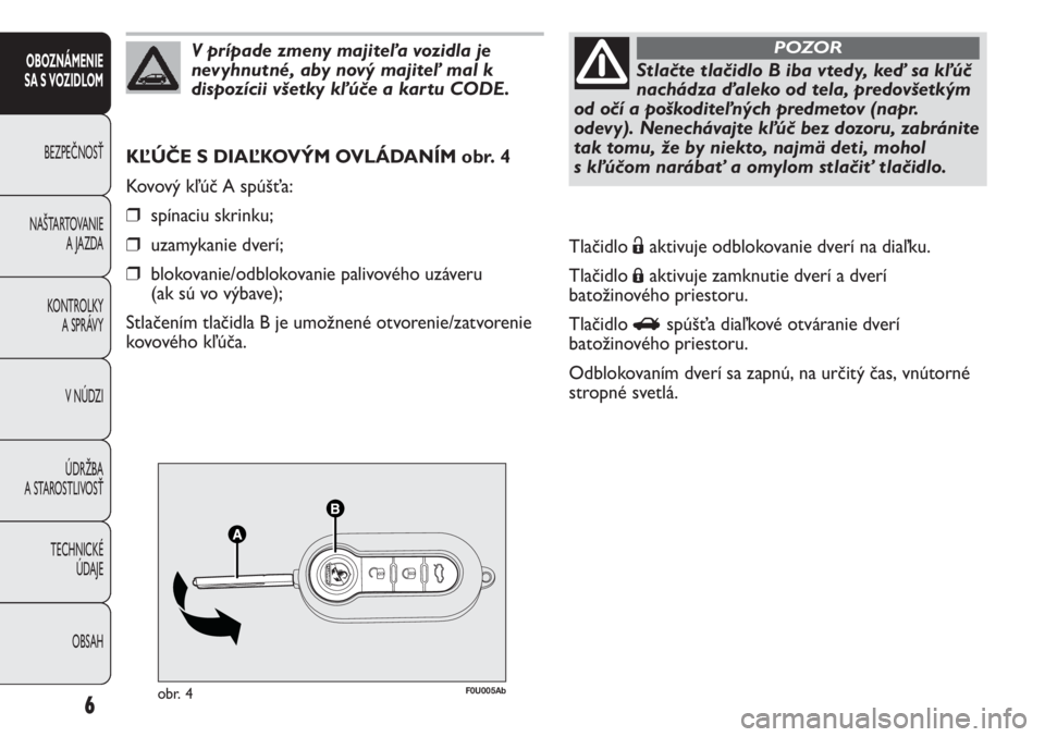 Abarth Punto Evo 2011  Návod na použitie a údržbu (in Slovak) 6
OBOZNÁMENIE
SA S VOZIDLOM
BEZPEČNOSŤ
NAŠTARTOVANIE
A JAZDA
KONTROLKY
A SPRÁVY
V NÚDZI
ÚDRŽBA
A STAROSTLIVOSŤ
TECHNICKÉ 
ÚDAJE
OBSAH
F0U005Abobr. 4
KĽÚČE S DIAĽKOVÝM OVLÁDANÍM obr. 